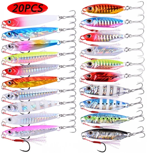 Juego de cucharas de plantilla fundidas de Metal de calidad, 20 piezas, 20g, 30g, 40g, 60g, fundición a tierra, Jigging, pez, lubina, señuelo de pesca, aparejos de cebo Artificial