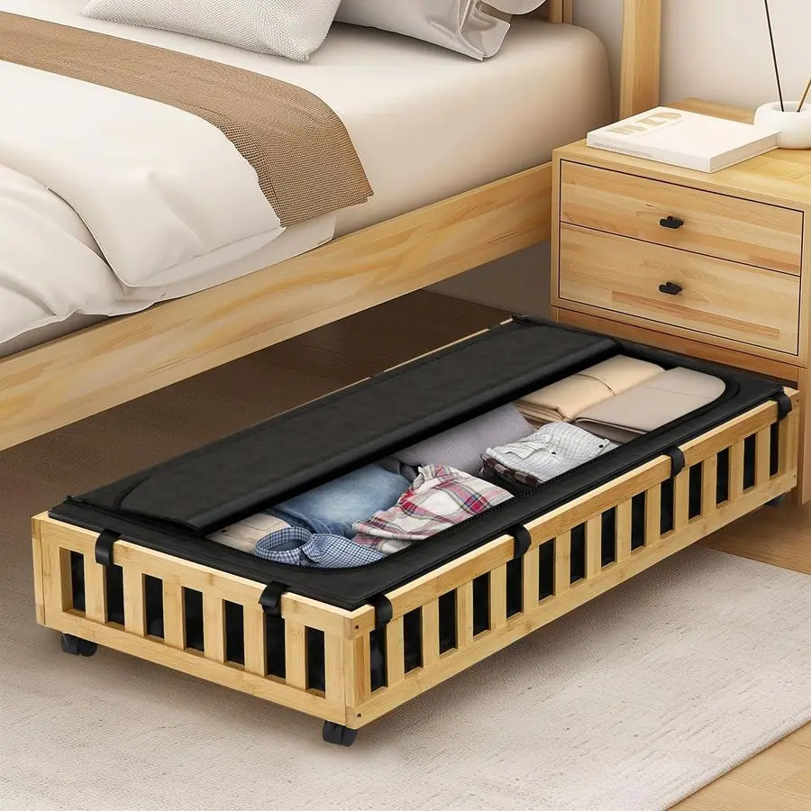 Pack Bamboo Under Bed Storage with Wheels, 39x20x7.8 Lager Under Bed Storage Containers Natural