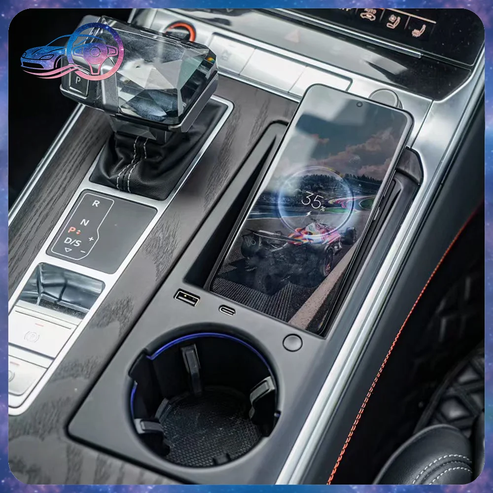 Fast Wireless Charger Cup Holder For Audi A6L A7 A7L 2019-2025 20W Qi Charging Pad 48W USB Type-C Port Car Phone Charger