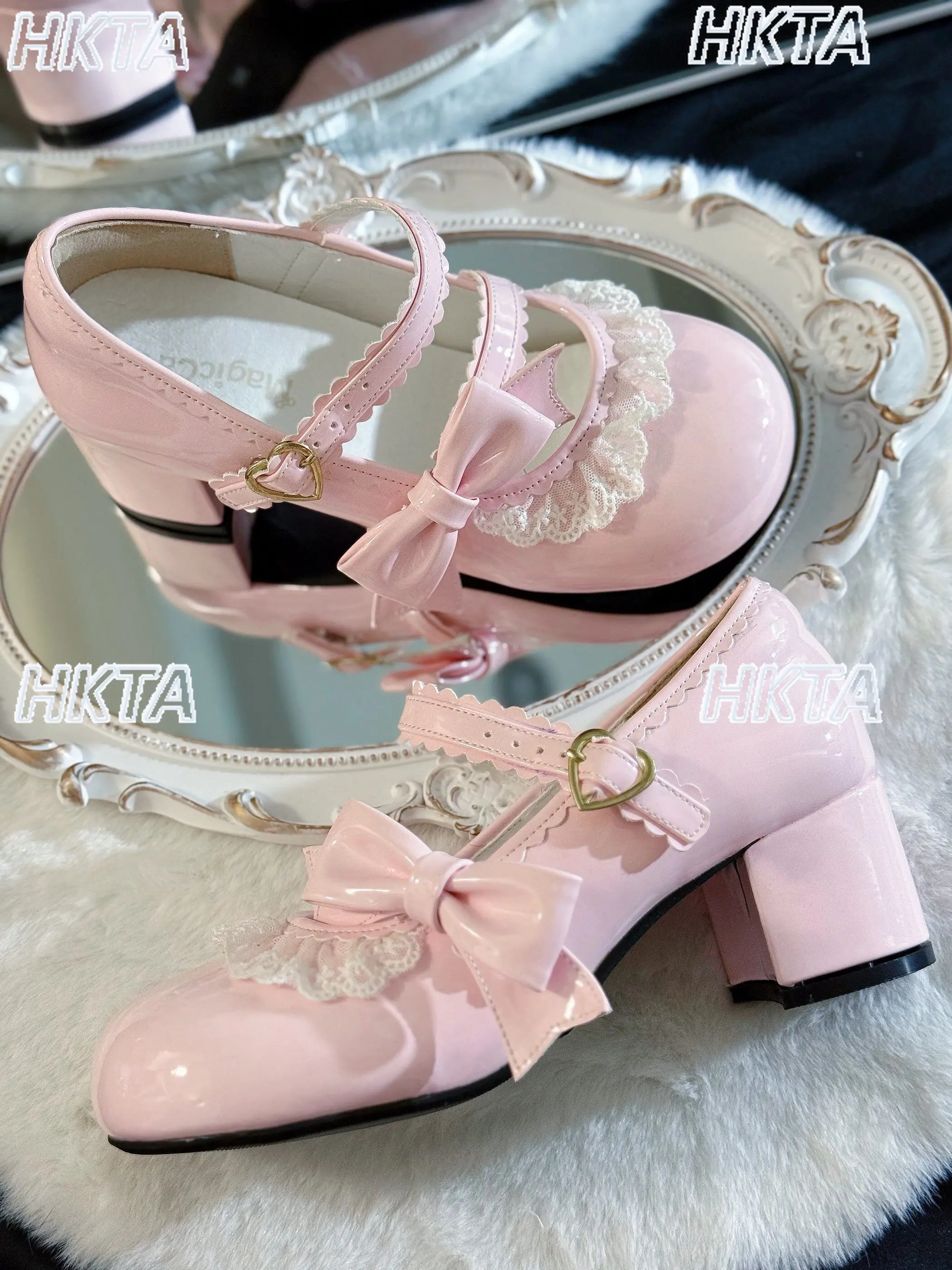 Japanese Lolita Cute Round Head Lace Bow Versatile Black Shoes Mid Heel Pumps Girls Sweet Cosplay Square Heel Kawaii Shoes Women