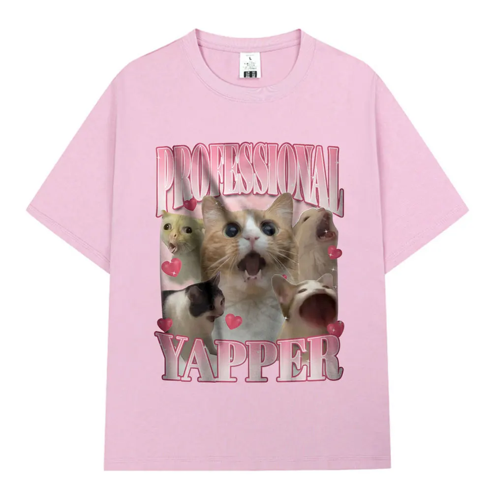 Professional Yapper Meme T-Shirt Funny Cat Lovers Graphic T Shirt Men 100% Cotton Casual Comfort Loose Short Sleeve T-shirts