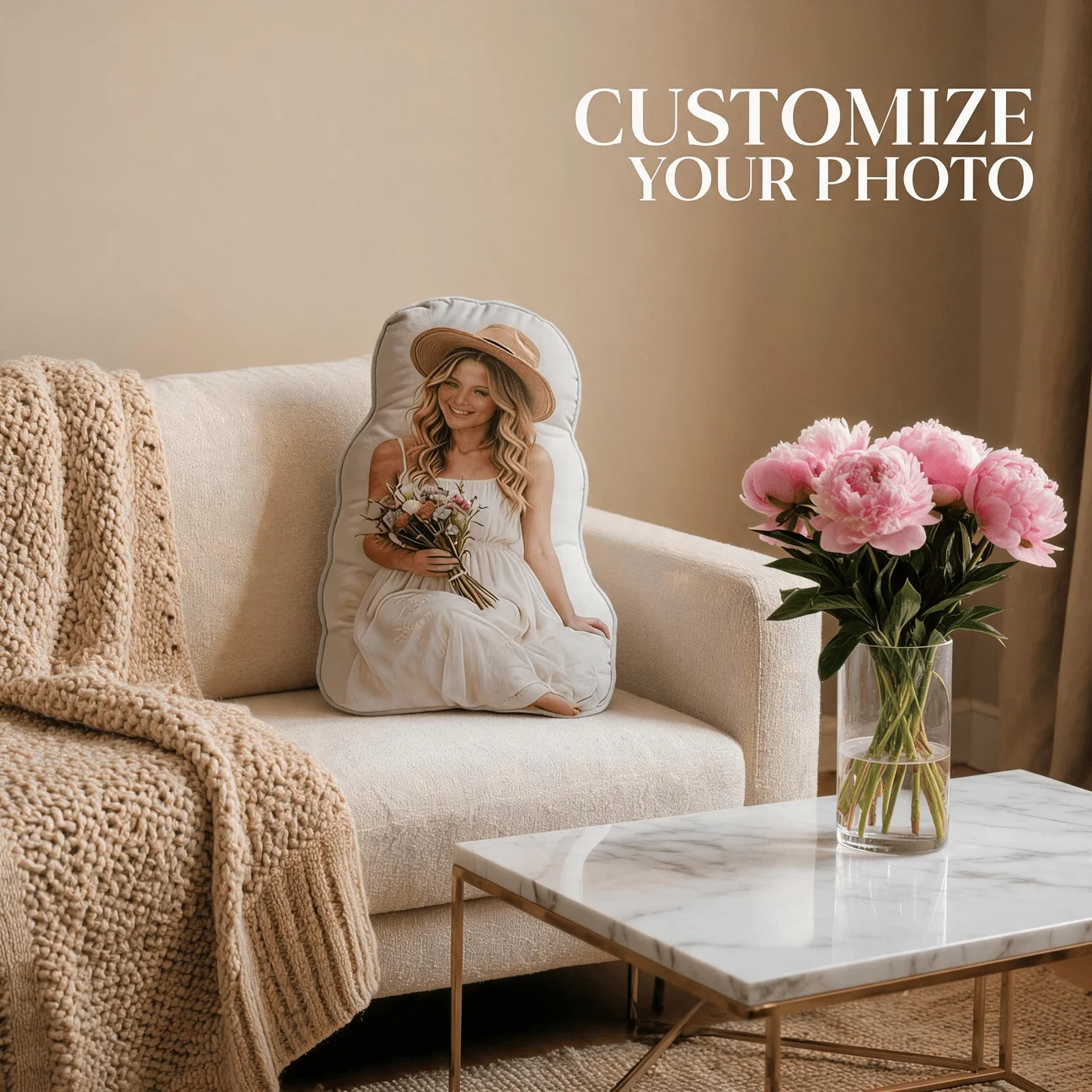 Custom Personalized Photo Shaped Pillow, Woman in White Dress & Hat Holding Flowers Custom Picture Decorative Cushion, 70cm Home