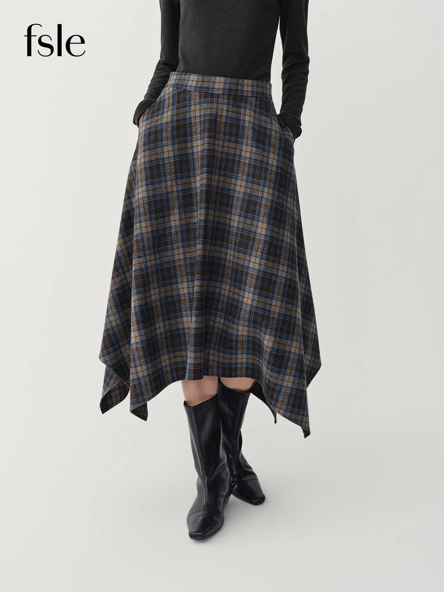 FSLE 2026 Winter Women's Vintage Plaid Print Asymmetric Full Flare Midi Skirt - Flattering Elegant Chic Versatile for Daily Wear