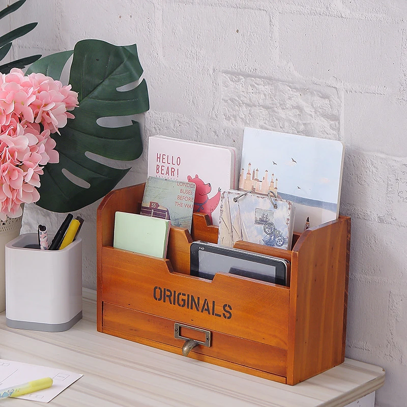 Wooden Storage Rack File Letter Rack Desk Mailbox Wall Storage Box Home Office Desktop Storage Rack Books Newspaper Organization