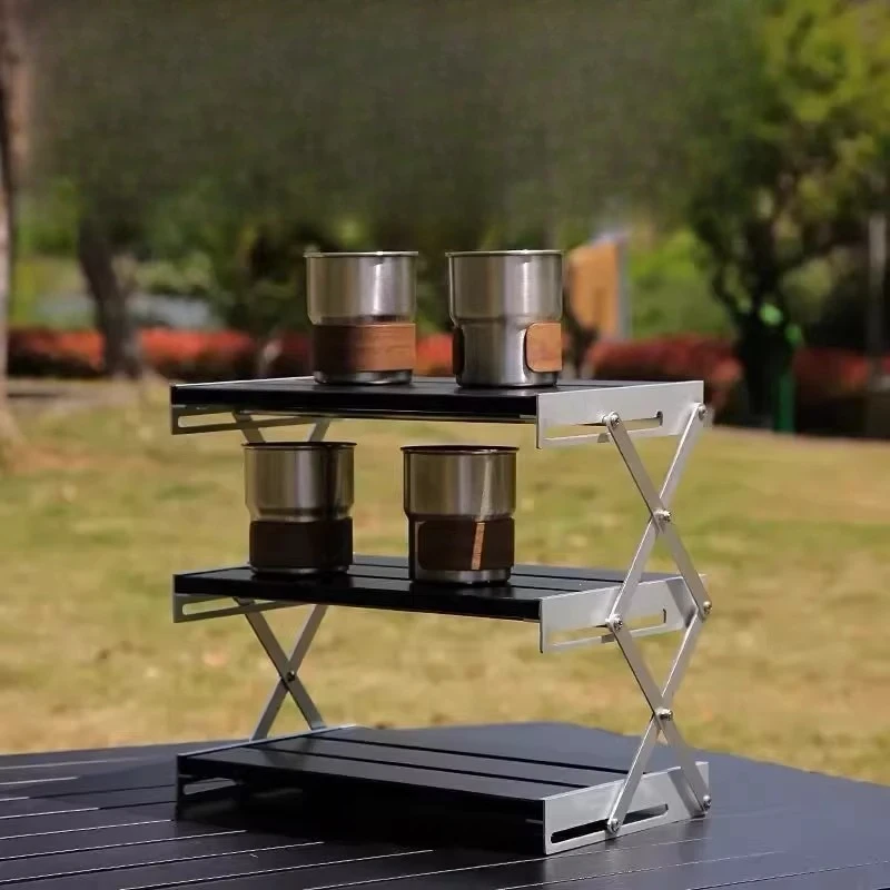 Outdoor camping aluminum alloy is a three-layer folding shelf, multi-functional desktop, retractable and convenient folding
