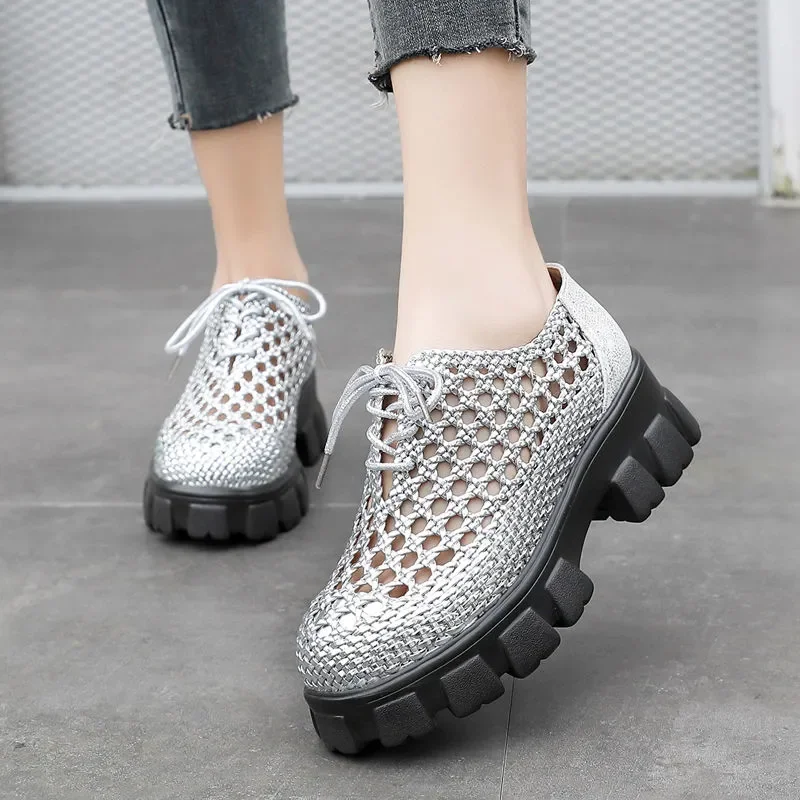 GKTINOO New Genuine Leather Women Shoes Spring/summer Hollow Breathable Flat Platform Shoes Woven Hole Handmade Shoes Woman