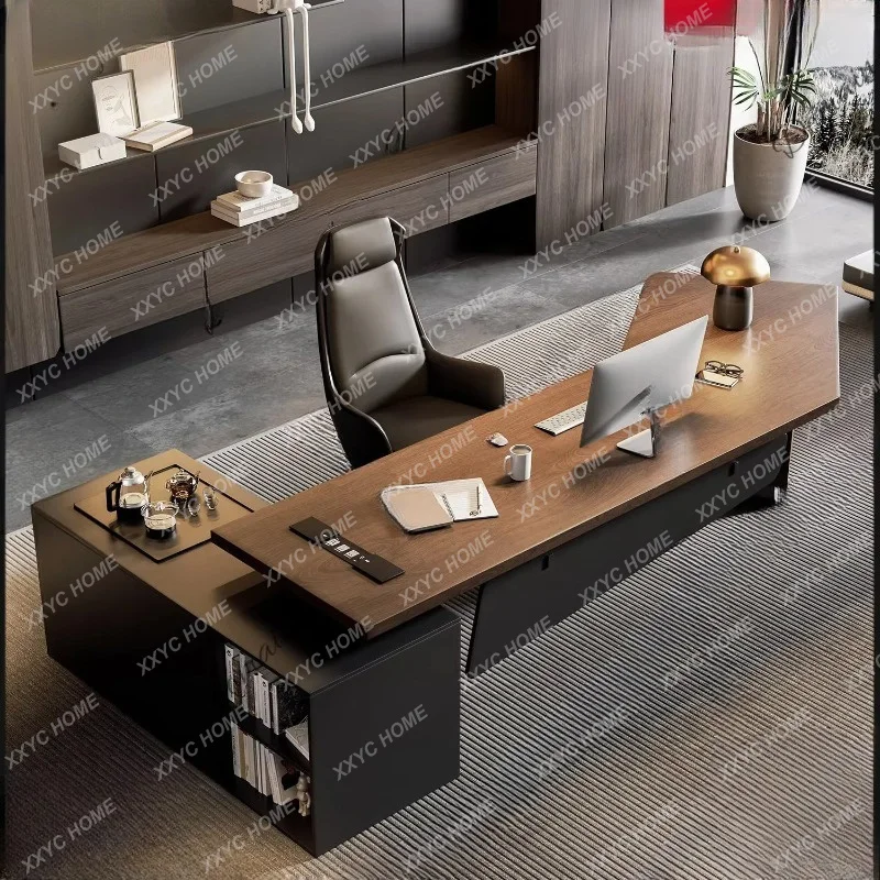XXMinimalist Modern Solid Wood Executive Desk with Integrated Tea Table Irregular Shape Luxury Office Table