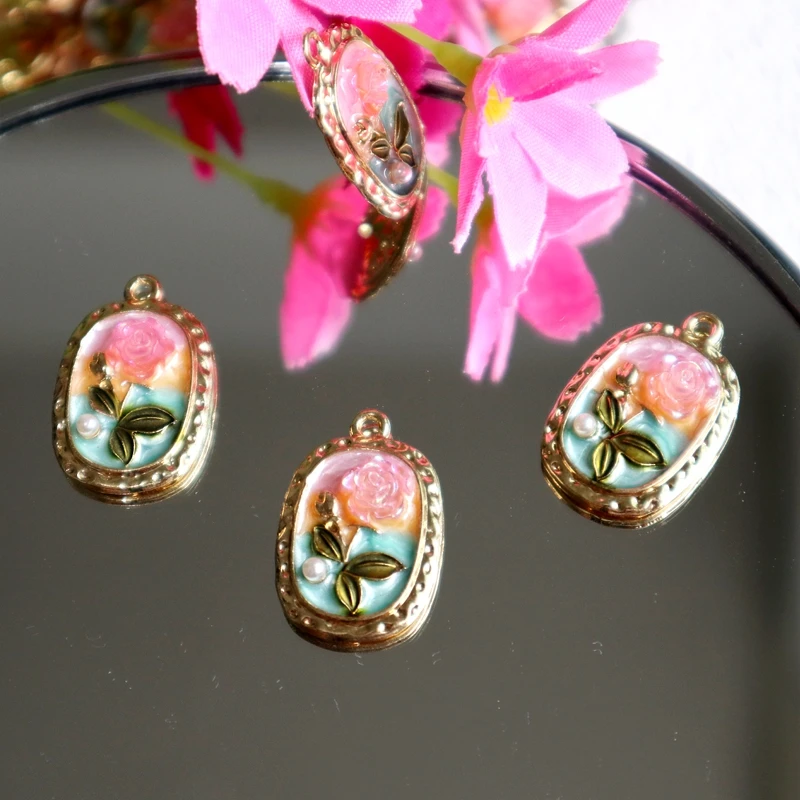 6pcs Relief Flower Handicraft Metal Pendant Elegant Rose Alloy Charms DIY Necklace Bracelets Earrings Jewelry Keyring Accessory