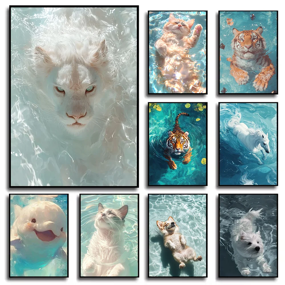 A Cute Animal Art, Adorable Animals Enjoying Sunlight in Water-Nordic Wall Decor Canvas Print for Living Room,  and Kids Room