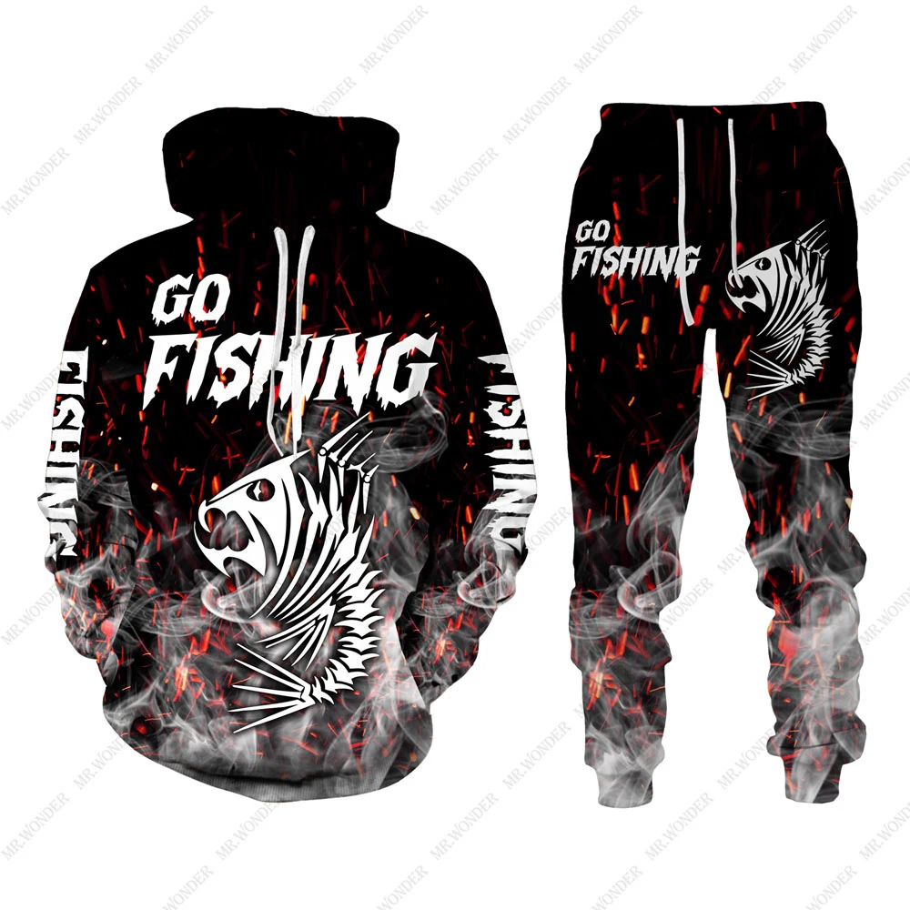 Go Fishing 3D Print Men\'s Tracksuit Sets Casual Hoodie + Pants 2pcs Sets Animal Fish Hunting Camo Hoodie Sets Trend Men Clothing