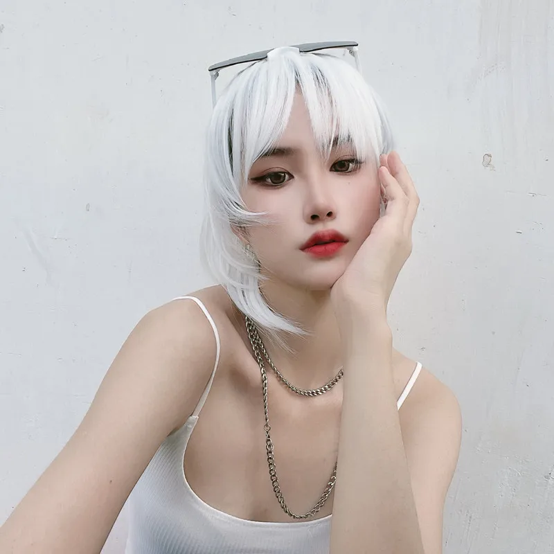 New short hair handsome mullet head white full head wolf-tail animation wig high temperature silk synthetic fiber hair