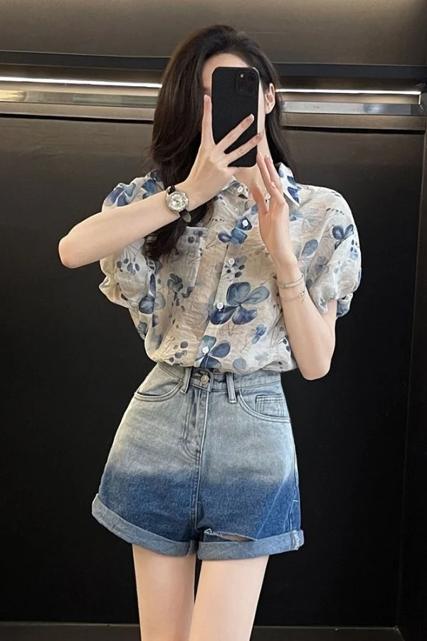 

2025 summer new printed shirt for women loose temperament short-sleeved top