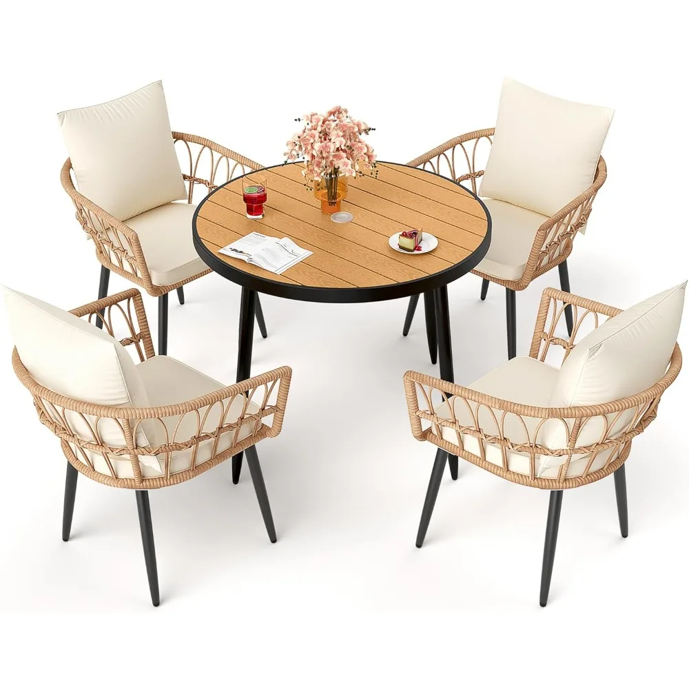 5-piece patio lunch box, all-weather PE cane patio furniture set with removable MATS and round dining table