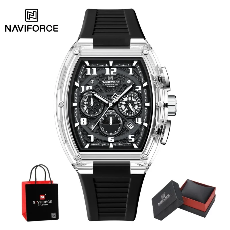 

NAVIFORCE Men's Modern Tech Sport Watch 50M Waterproof Transparent PC Tonneau Chronograph Silicone Strap Wristwatch Gifts box