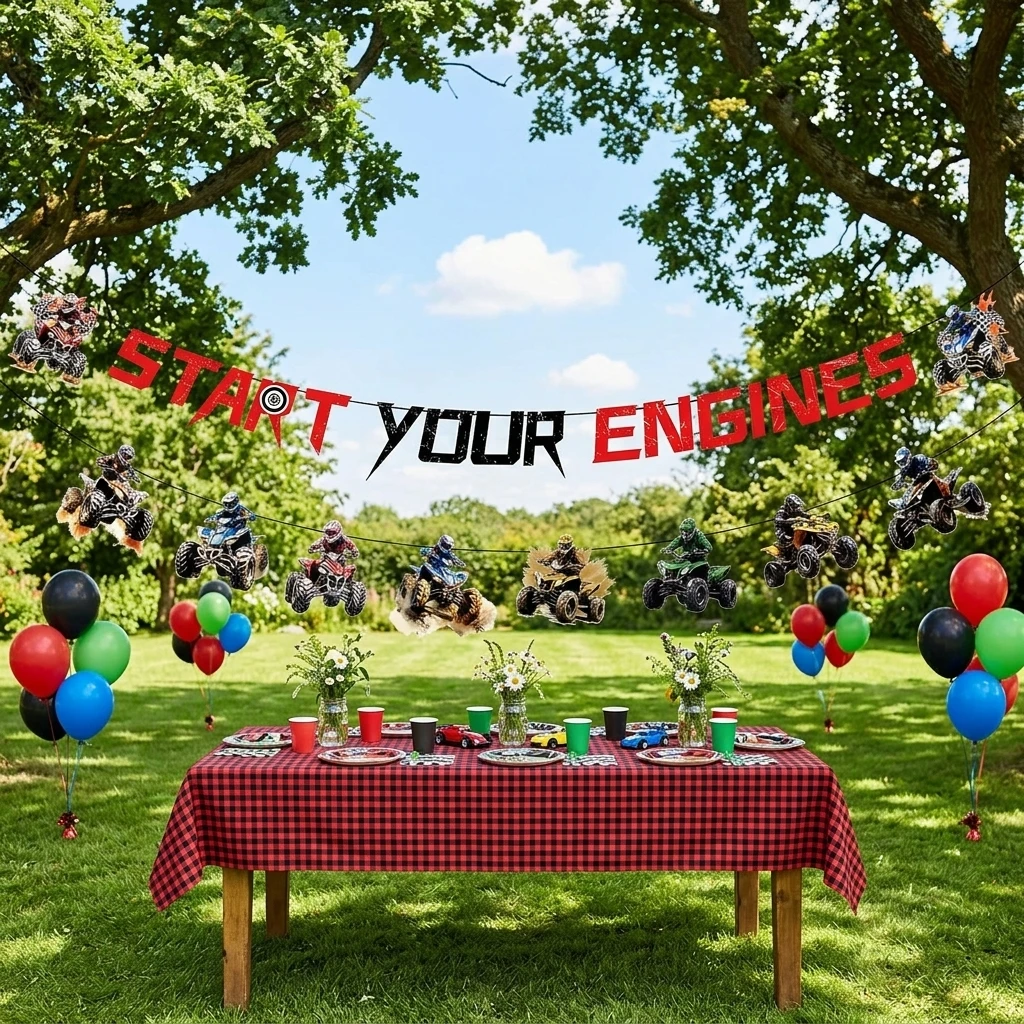 Start Your Engines Banner, ATV Dirt Bike Racing Theme 2‑Piece Banner for Kids Birthday Party Decorations