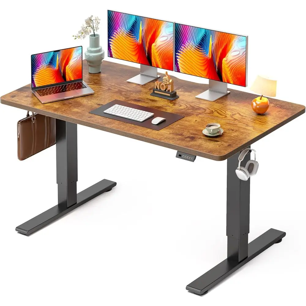 

55 x 28 Height-Adjustable Sit-Stand Desk, Memory Presets, Spliced Top, Black/Vintage Brown