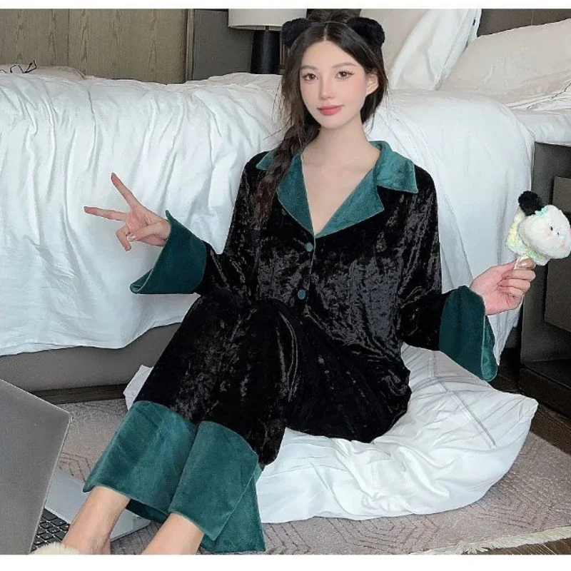 Luxury velvet Patchwork Pajamas set Long Sleeve Cardigan Pants Women Autumn Winter Homewear Sleepwear Two pieces Black Nightwear