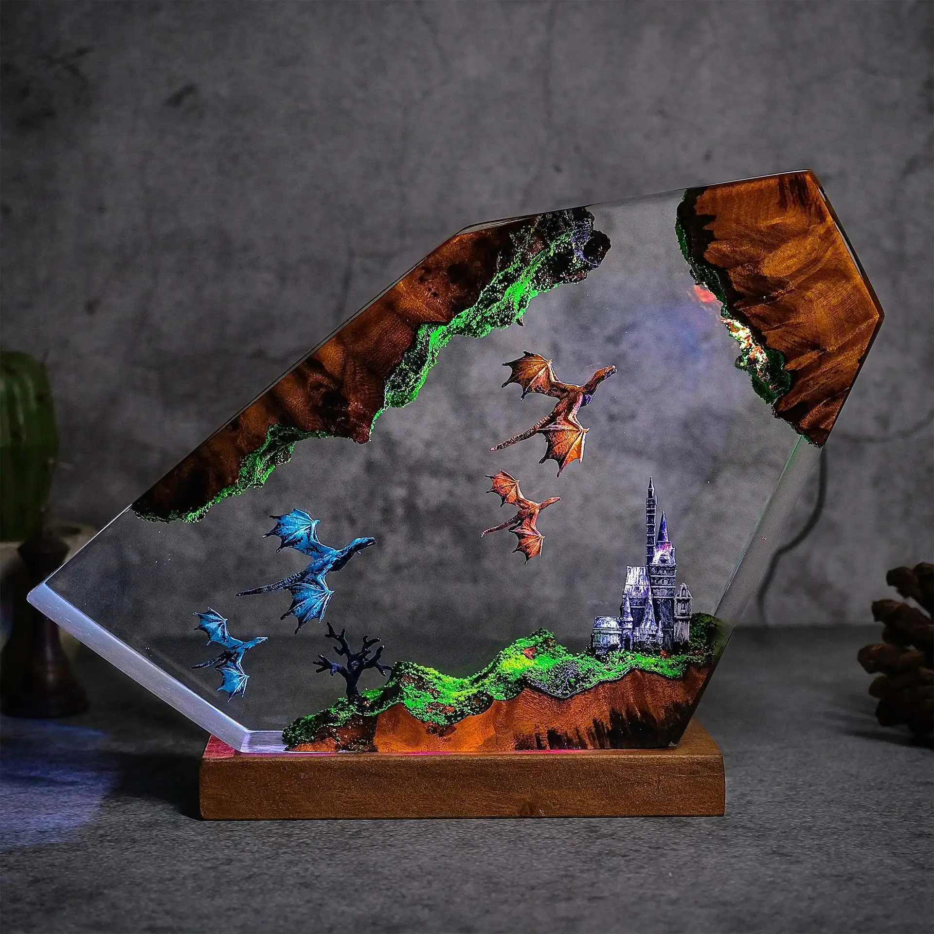ZZ 2026 Medieval Castle Dragon Themed Resin Table Lamp Hand Cast Epoxy Atmosphere Light Desktop Art Craft Holiday Present