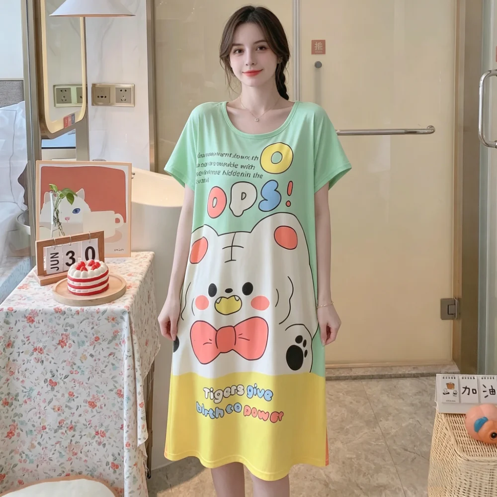 Summer And Autumn Cool Cute Girls Cartoon Nightdress Comfortable Short-Sleeved Dress Women'S Home Wear Polyester Pajama