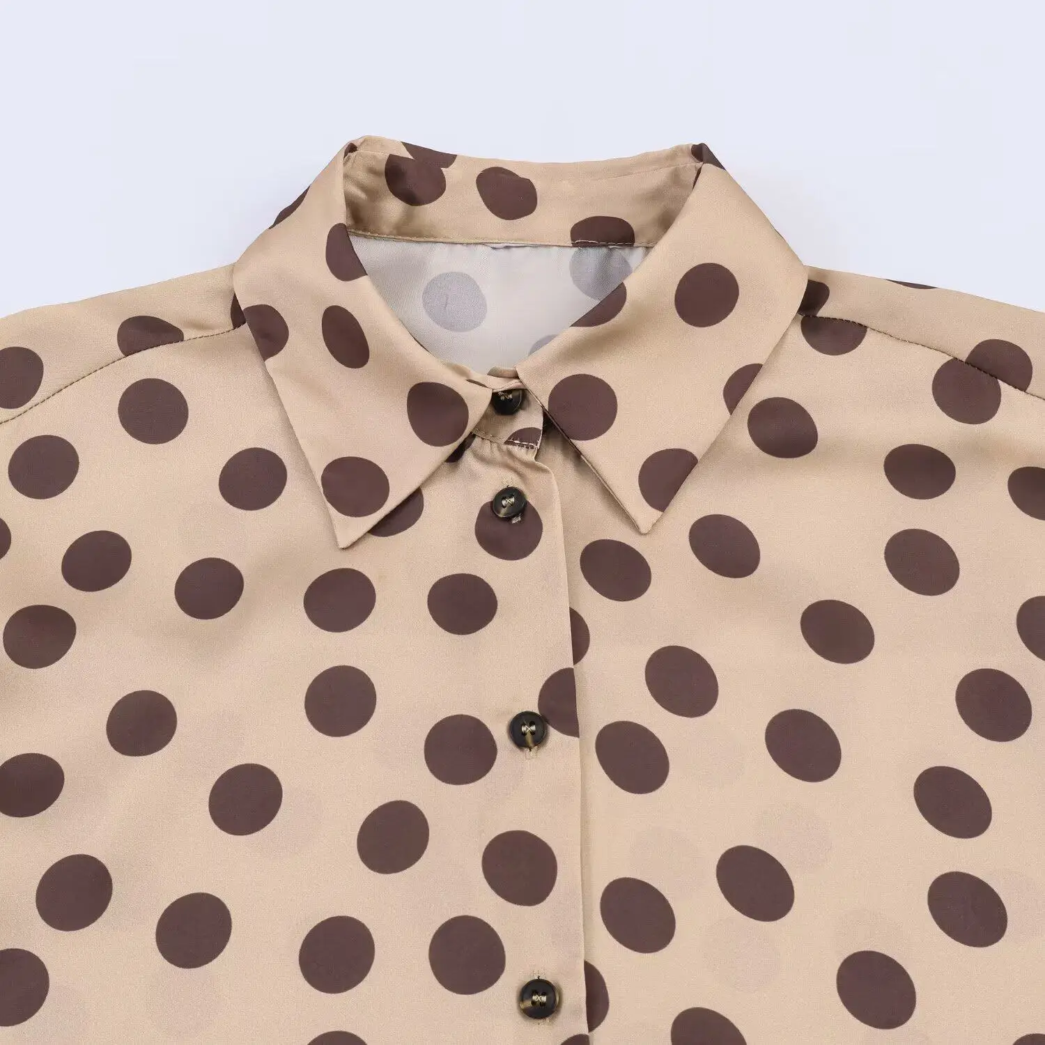 Women Khaki Polka-dot Shirts Blouses Y2k Vintage 2000s Korean Style Elegant Long Sleeve Polo-Neck Shirt For Women Clothes Spring
