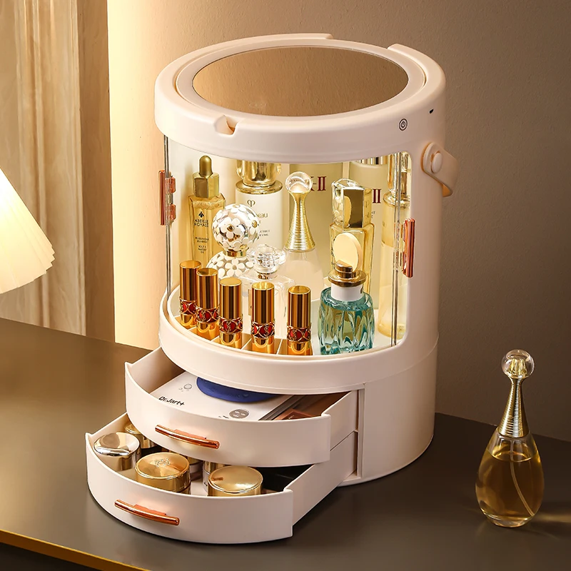 Rotating Makeup Organizer - LED Cosmetic Storage Box with Dustproof Design  Large Capacity Vanity Case for Brushes/Perfumes