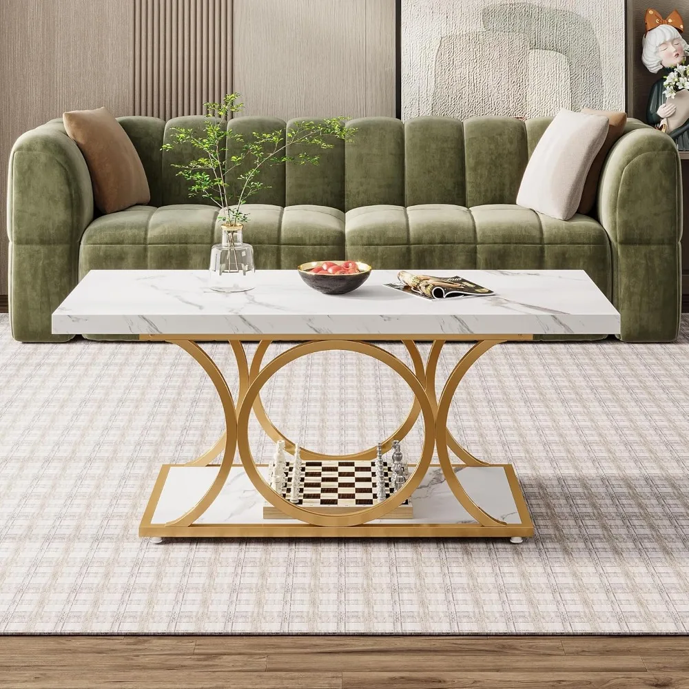 Rectangle Coffee Table, 47.24-inch Modern Coffee Tables for Living Room, 2-Tier Faux Marble Wood Coffee Table with Ge