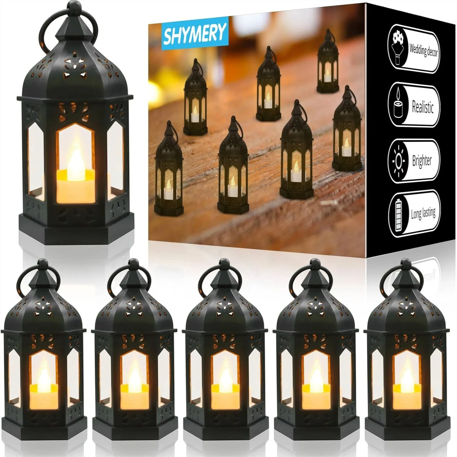 

Mini Lanterns with Flickering LED Candles, Vintage Black Hanging Candle Lanterns for Halloween, Wedding, Christmas Table Decor