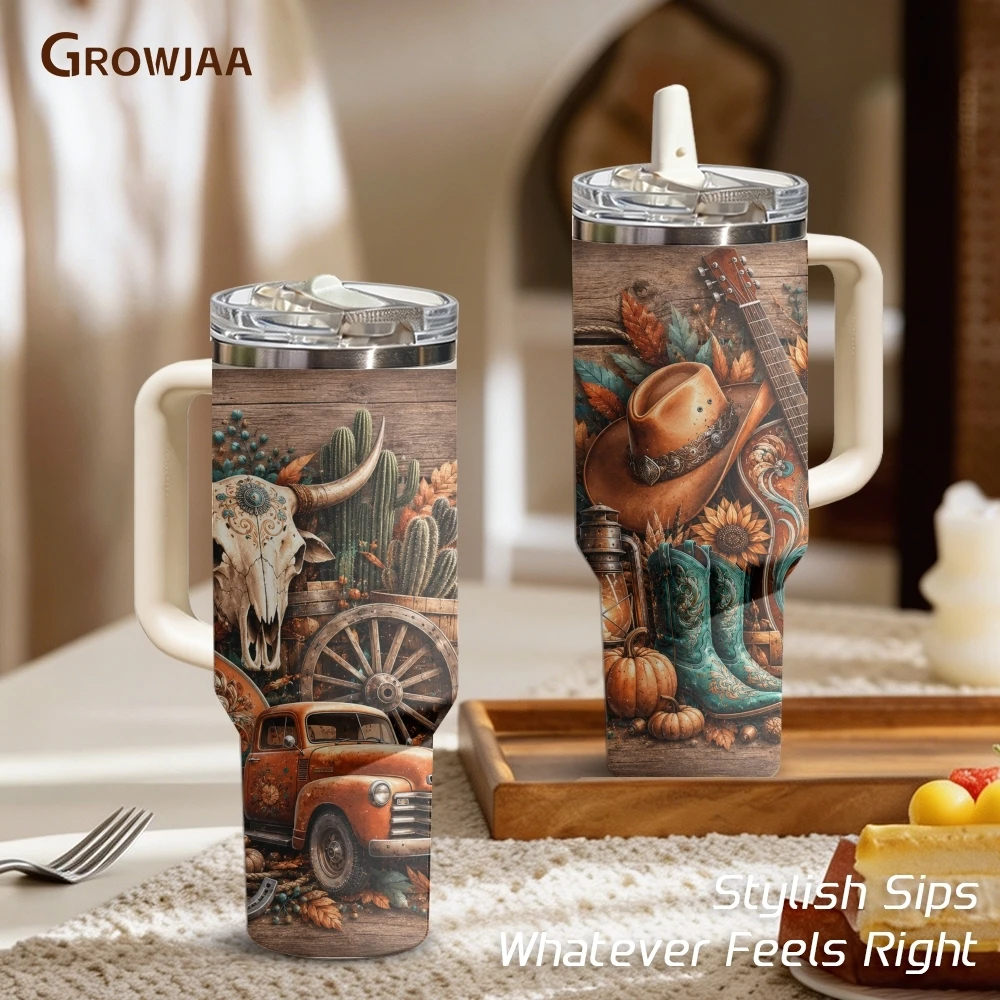 Country Western Cowboy Vacuum Flasks 40oz 3rd Gen Vacuum Insulated Stainless Steel Tumbler Cup with Handle Straw Lid for Gifts
