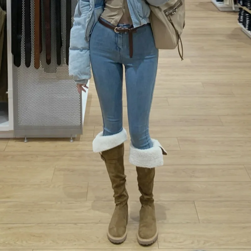 

Brown Lamb Fur Lined Winter Boots Women's Autumn Winter New Sle Two-Way Wear Thi Bot Over-Knee Boots Warm Slimming