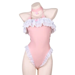 Anime Cute Cat Girl Pink Sweet Bodysuit Swimwear Ruffled Halter Underwear Cosplay Costume Bunny Lingerie Roleplay Swimsuit Party