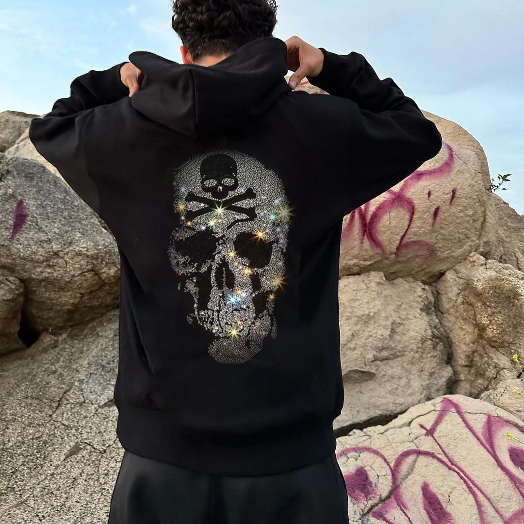 Sudadera holgada con capucha para hombre y mujer, abrigo informal cálido con calavera negra y diamantes de imitación, novedad