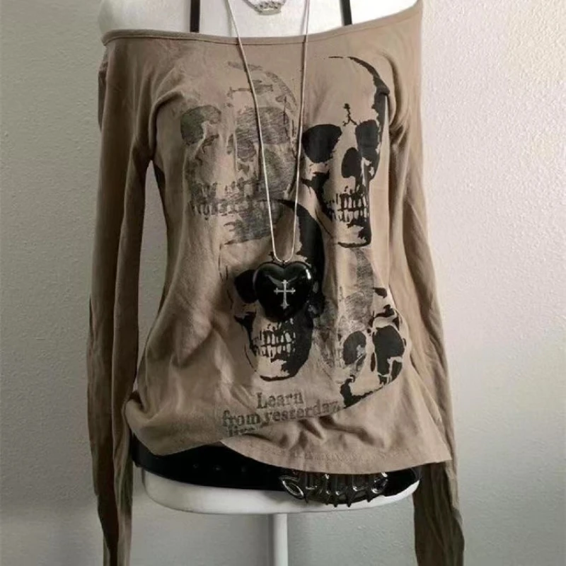 Vintage Gothic T-shirts Women Y2k Black Punk Graphic T-shirt Grunge Retro Sexy V-neck Cotton Tees Aesthetic Harajuku Tops New image 6