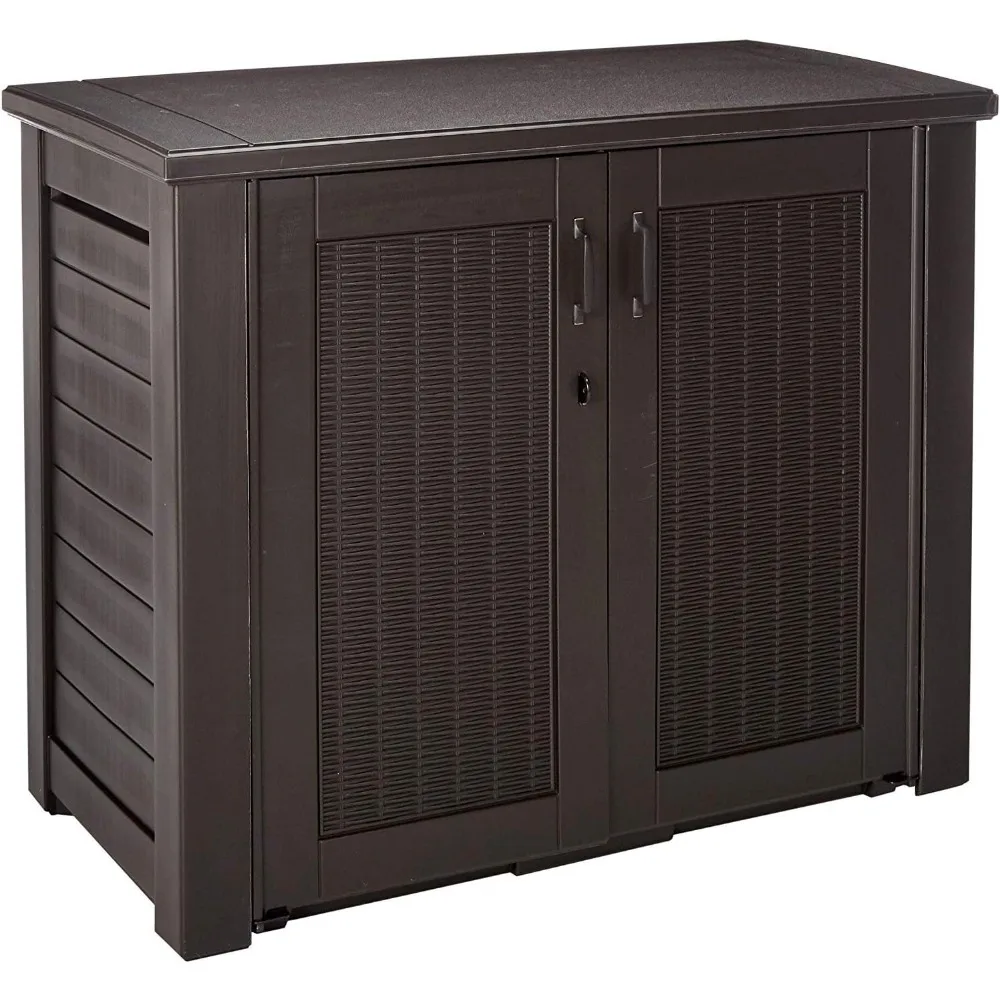 

Patio Chic Resin Weather Resistant Outdoor Storage Deck Box Garden Buildings 123 Gal. Black Oak Rattan Wicker Basket Weave Shed