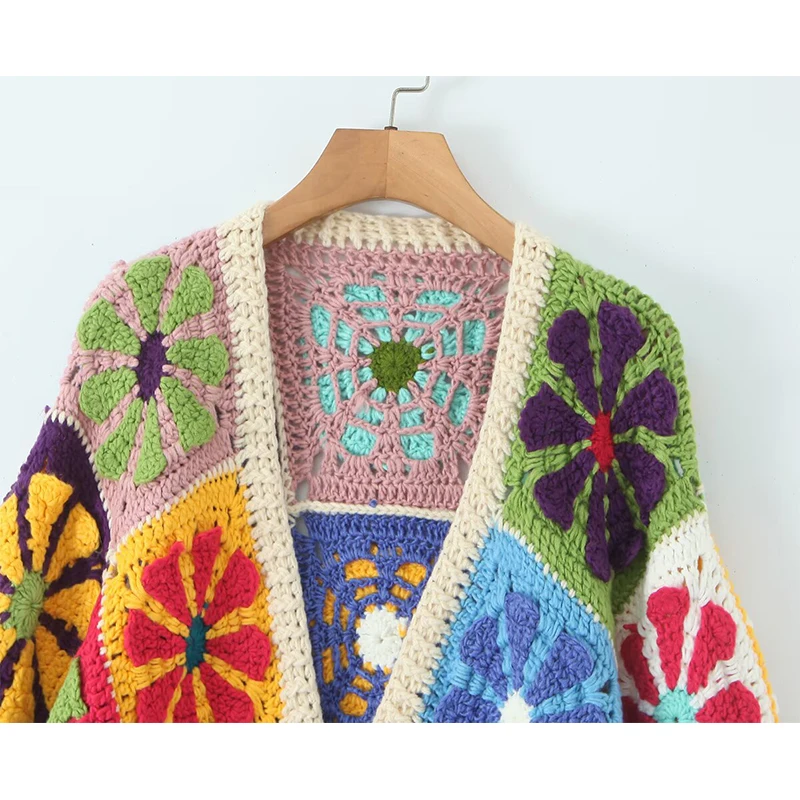 YENKYE 2025 Autumn Floral Plaid Hand Mand Crochet Loose Cardigan Women Open Stitching Long Sleeve Boho Sweater Coat Short