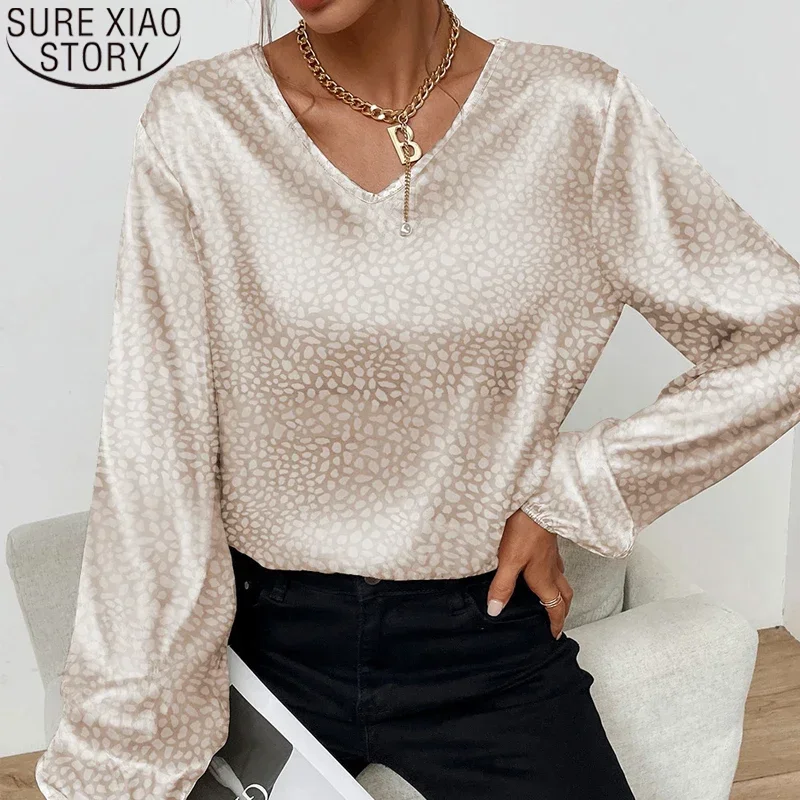 Office Lady Leopard Printing Chiffon Shirt Spring Autumn 2024 V-Neck Long Lantern Sleeve Loose Blouse Women\'s Clothing 19168