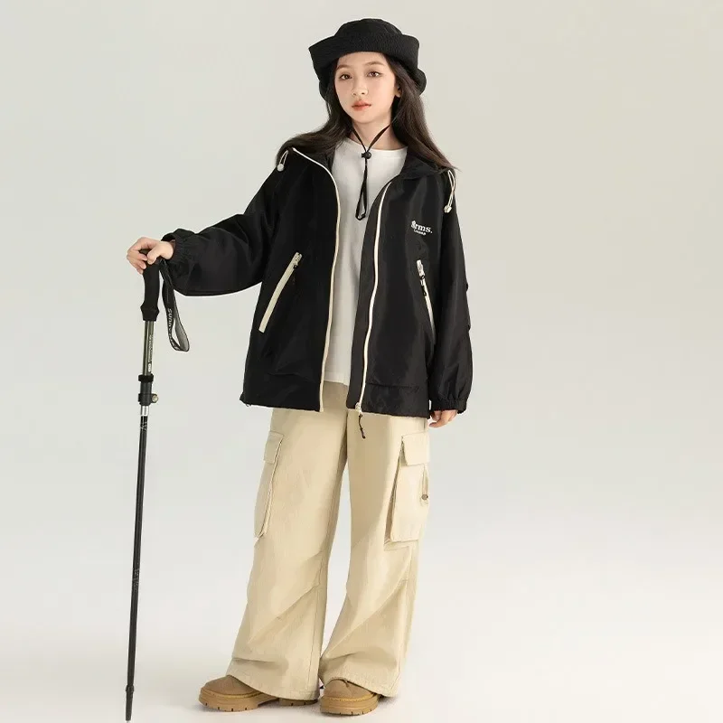 Girls Coat 2024 New Spring and Autumn Middle Age and Older Children's Casual Outdoor Children's Hooded Jacket Top Jacket