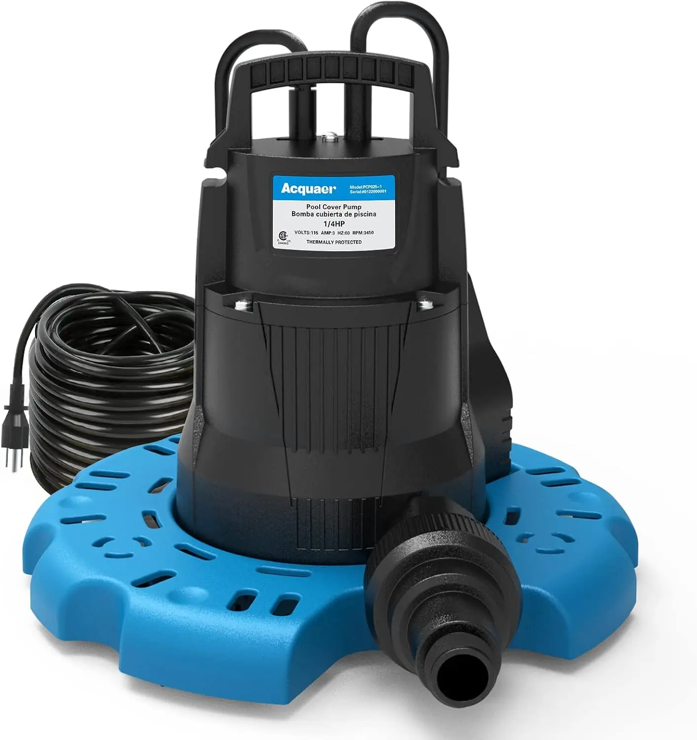 

1/4 HP Automatic Swimming Pool Cover Pump, 2250 GPH Submersible Sump with 3/4” Check Valve Adapter & 25ft Power Cord