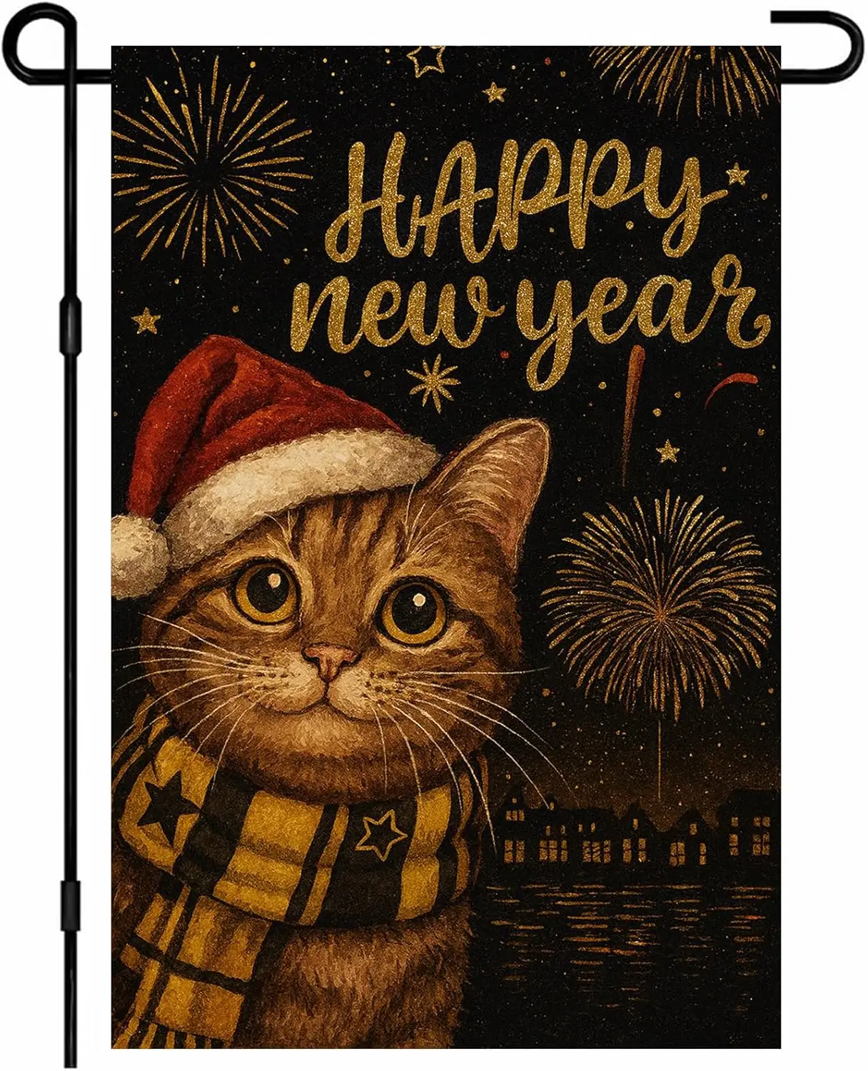IVN Christmas Cat Happy New Year Garden Flag 12x18 Inch Double Sided Tabby with Santa Hat Holiday Winter Night Scene Pet Wel LLG