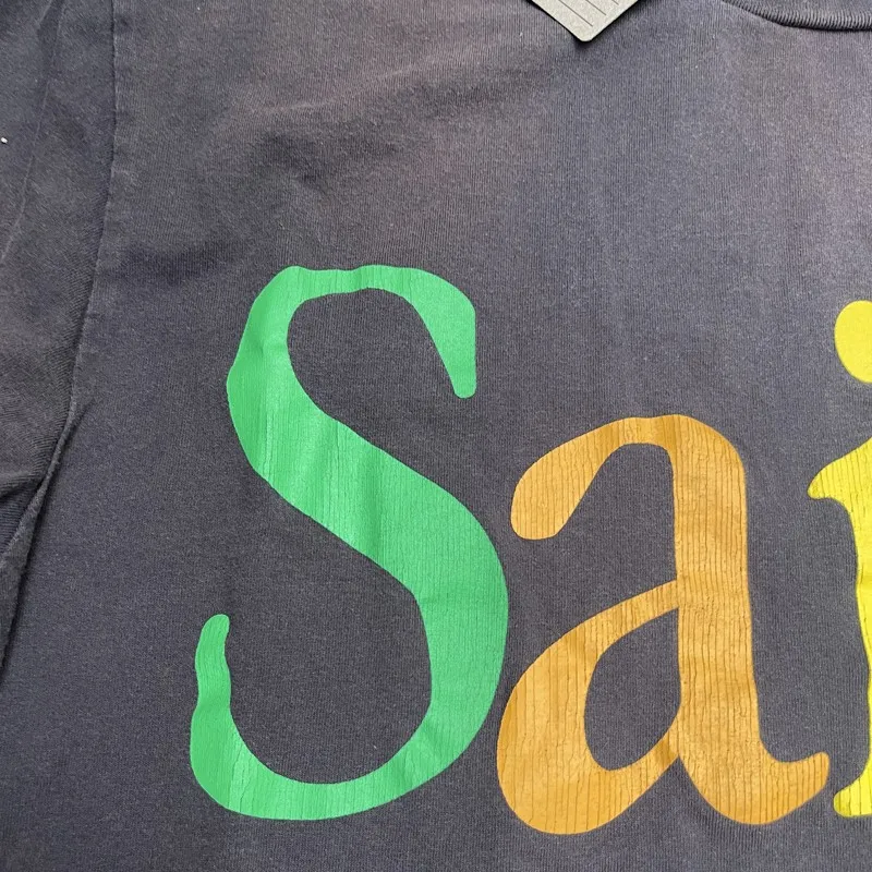 Summer Retro Washed Damaged Saint Tshirts Classic Letter Logo Rainbow Graffiti Round Neck Short Sleeve Men Women Street Outfit