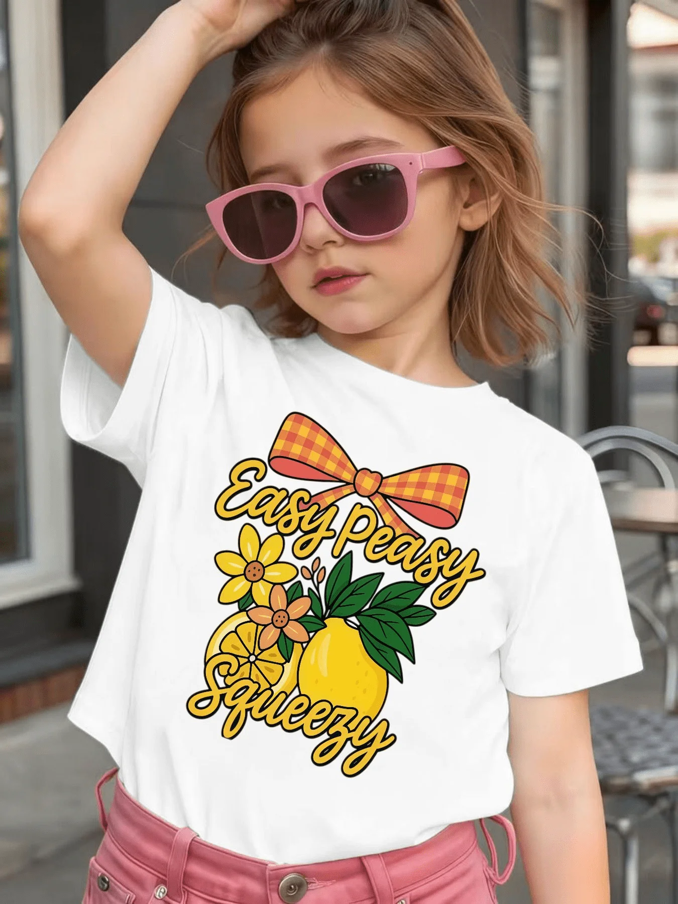 Plaid Bow Lemon Floral Letter Print Kids T Shirt Boys Girls Family Match Cotton Short Sleeve Summer Children Casual Basic Wear