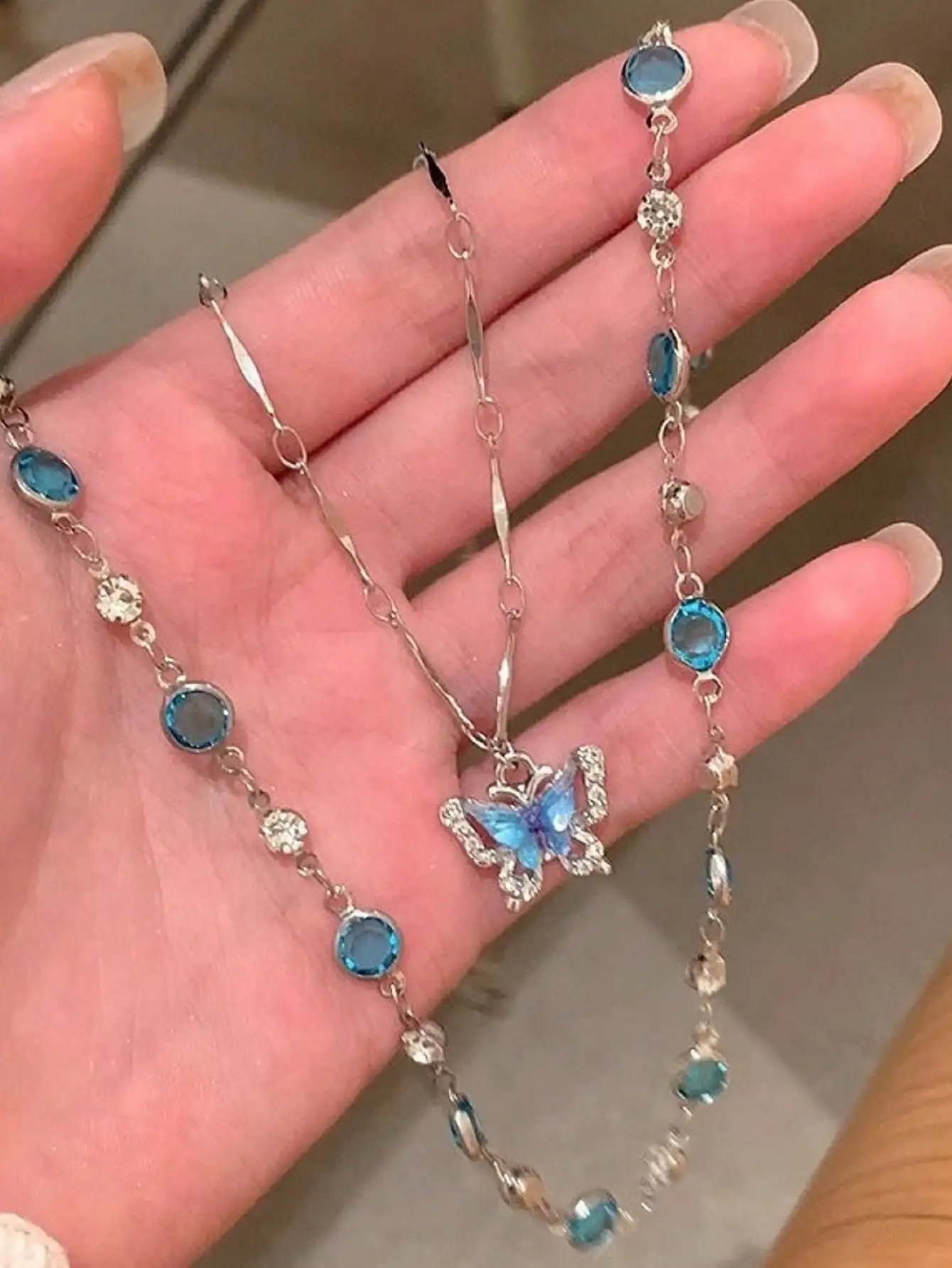 

2-Piece Layered Blue Crystal Butterfly Pendant Choker Necklace for Women