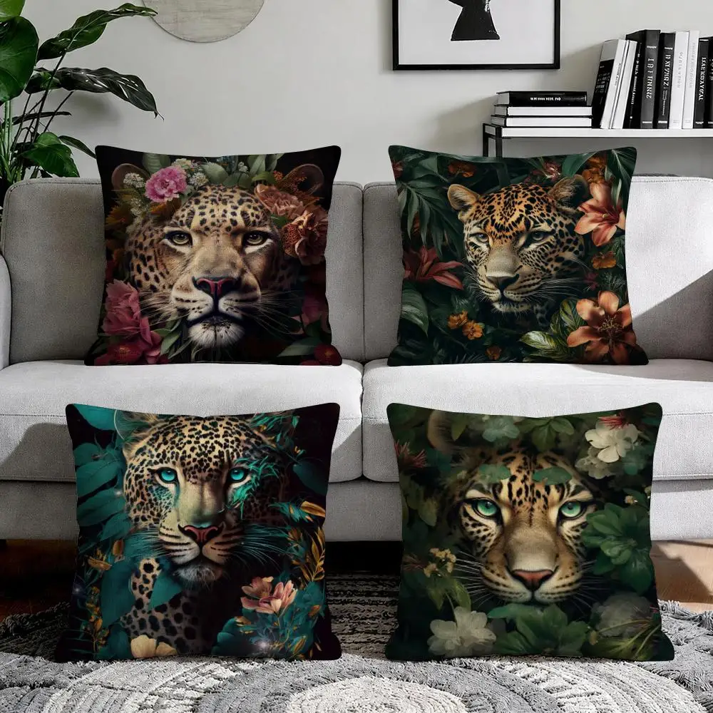 Fashion Leopard With Wreath Animals Cushion Cover Natural Breathable Durable Linen Printed Decor Pillow Case Sofa Bedroom