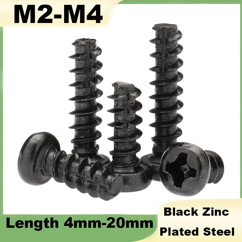 M2 M2.3 M2.6 M3 M3.5 M4 Black Zinc Plated Steel Tail-Cut Phillips Cross Recessed Black Pan Round Head Self Tapping Wood Screw