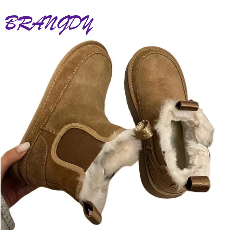 

BRANGDY Thick Sole With Increased Height Real Fur Snow Boots Women In Winter Style With Plush Thick Cotton Shoes, Short Boots