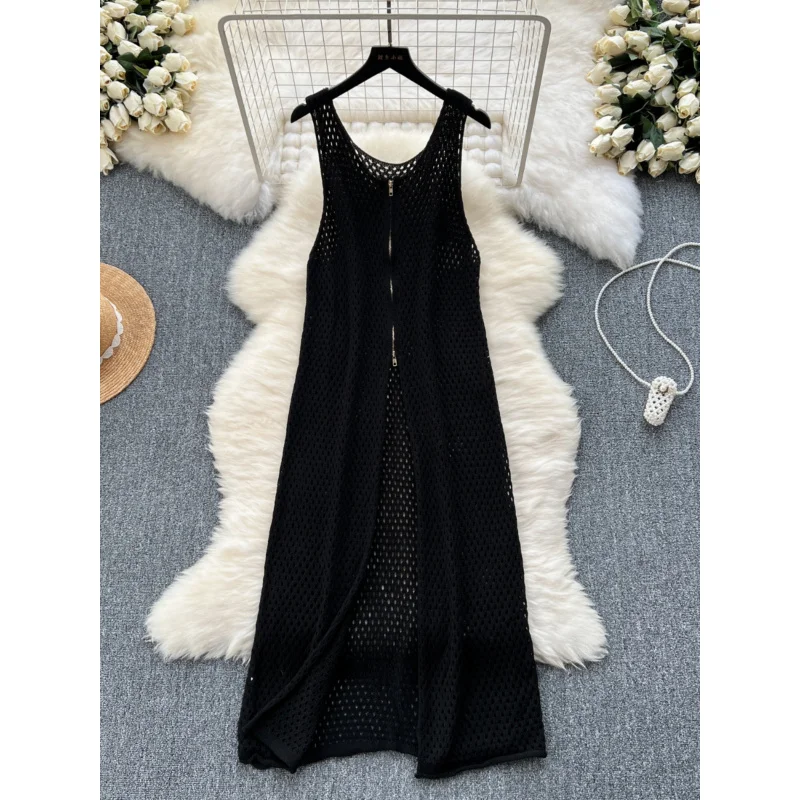 INS Frauen Sommer gestrickt schick Reißverschluss Boho sexy Split Tank langes Kleid lässig aushöhlen elegante Tunika Strand Urlaub Kleid