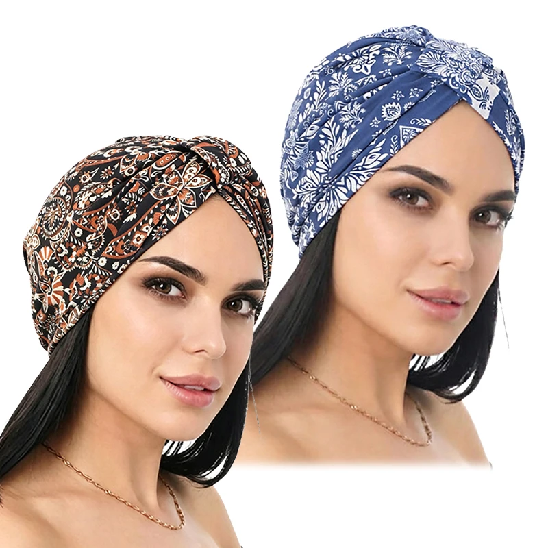 2Pcs Women Printed Turban Hat Set Floral Leopard Pattern Elastic Muslim Hijab Cap Fashion Head Wrap Chemo Headwear for Daily Use