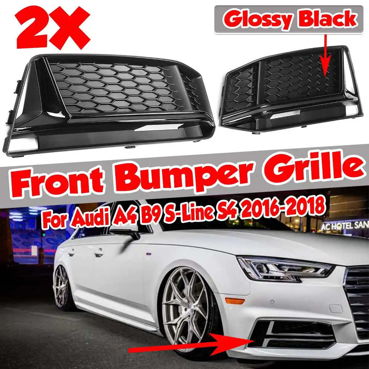 2pcs Car Front Fog Light Grill Grille Lamp Cover Honeycomb Hex For Audi A4 B9 S-Line S4 2016 2017 2018 8W0807681K 8W0807682K