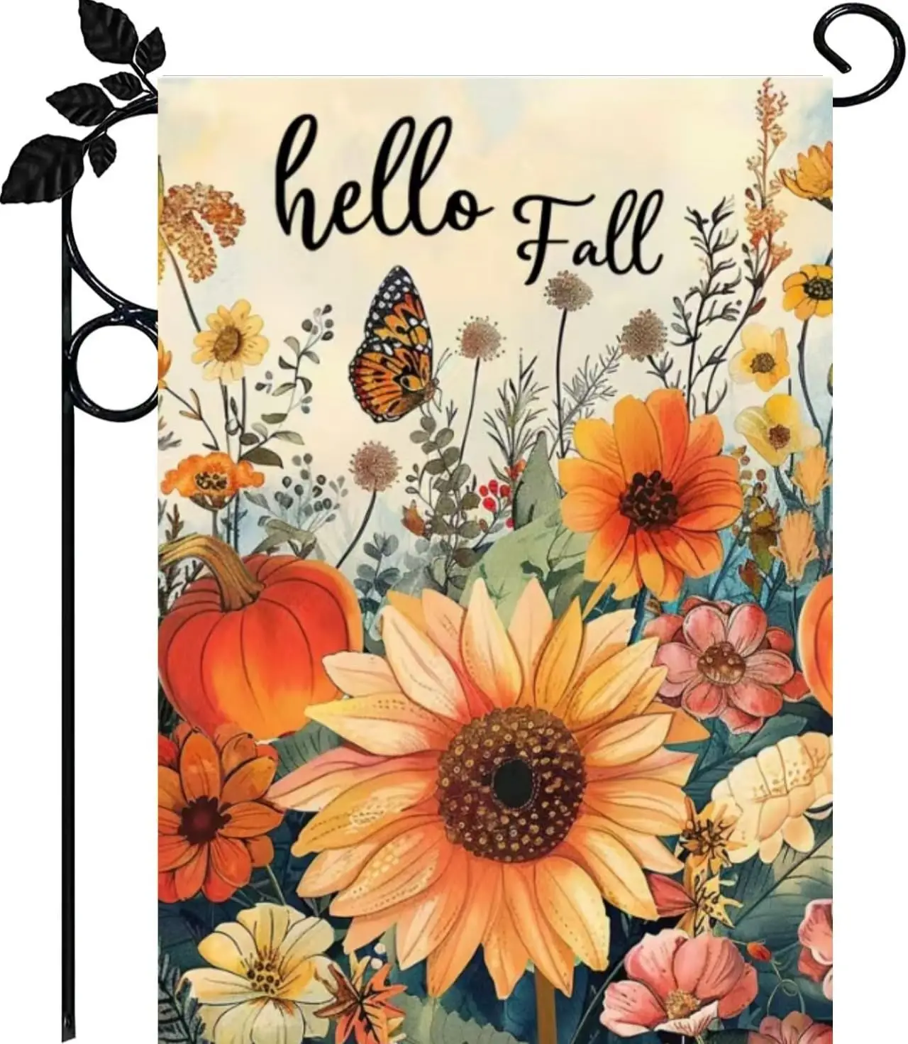 Hello Fall Garden Flag 12x18 Double Sided Burlap, Seasonal Floral Autumn Garden Flags Outdoor Fall Decorations for Porch, Small