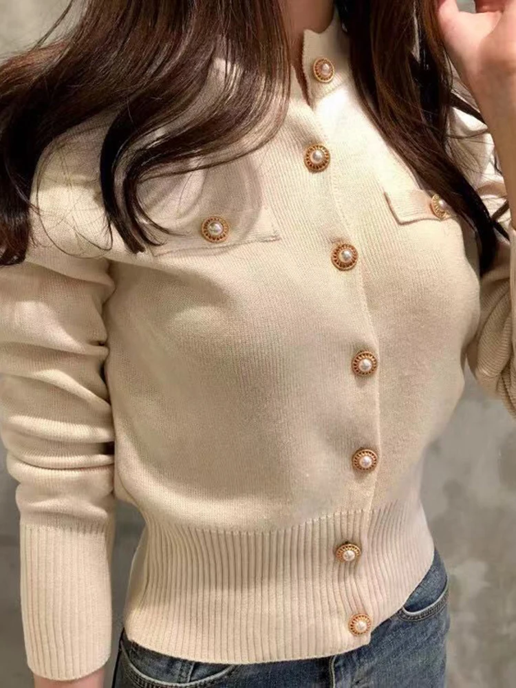 Zoki New  Women Cardigan Sweater Fashion Spring Knitted Long Sleeve Short Coat Chic Korean Slim Button Ladies Soft Tops