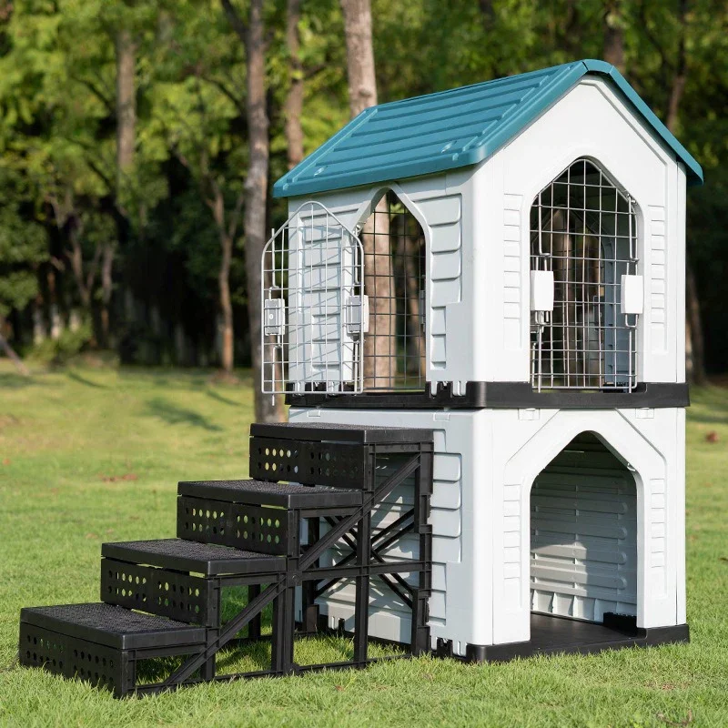 

Outdoor Dog Houses Rainproof Large Dog Kennels Stairs Waterproof Coop Dogs Cage Outside Puppy Houses Double Layered Door Pet